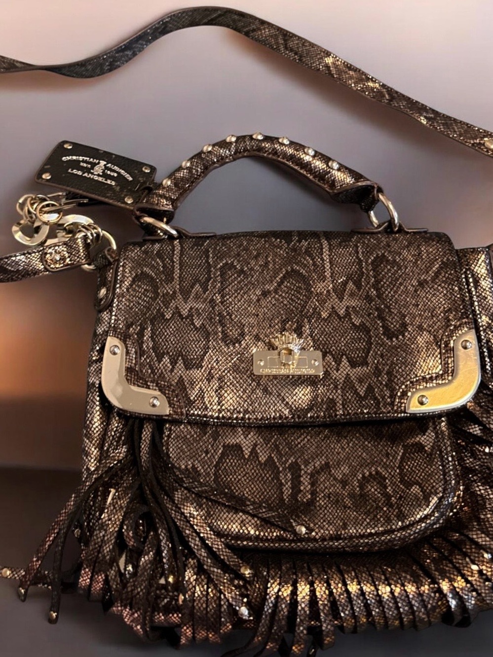 Ed Hardy Metallic Bronze Snake-Print Fringe Crossbody Bag
